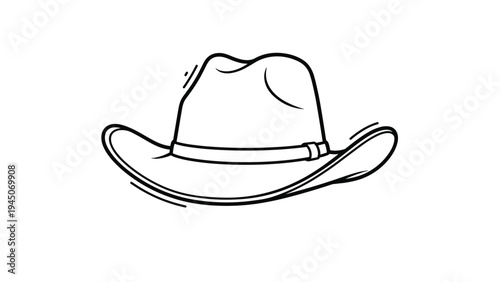 Black and white line art drawing of a classic western cowboy hat featuring a curved brim and a detailed hatband on white background.
