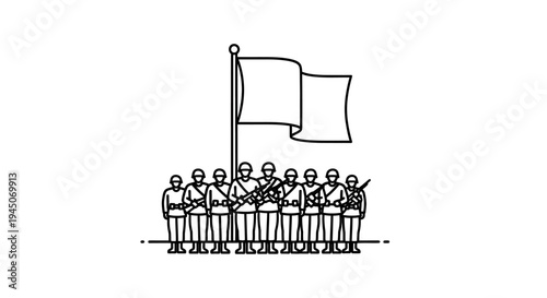Military formation with flag, soldiers standing in line with rifles, vector illustration