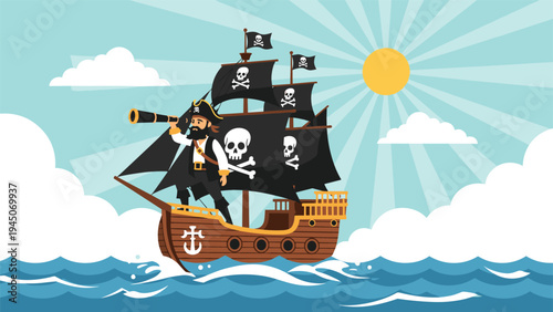 Pirate captain standing on the deck of a wooden sailing ship using a telescope under a bright sun with skull flags flying high.