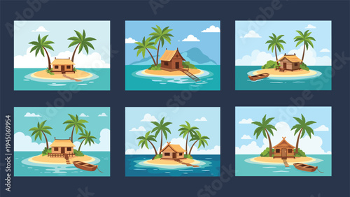 Collection of tropical island paradise scenes featuring beach huts, palm trees, and small canoes on calm turquoise ocean waters.