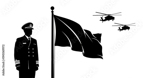 Military Officer, Flag, and Helicopters: Symbol of Power and Patriotism