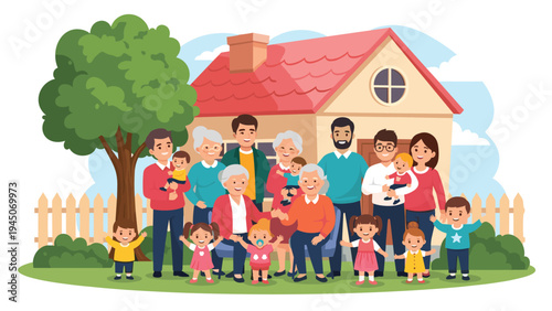 Diverse extended family posing for portrait in front of traditional suburban house with white picket fence and green garden trees.