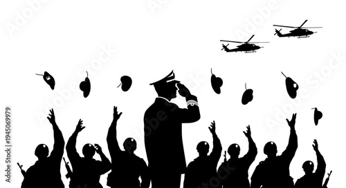 Military Parade Celebration with Helicopters and Saluting Officer