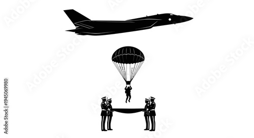 Military Parachutist Descends Towards Honor Guard Holding Flag