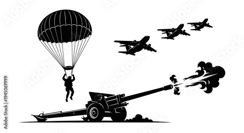 Military Paratrooper Jumps From Plane While Cannon Fires and Jets Fly Overhead