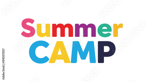 Colorful typography design for Summer CAMP headline featuring vibrant multicolored letters for youth holiday marketing.