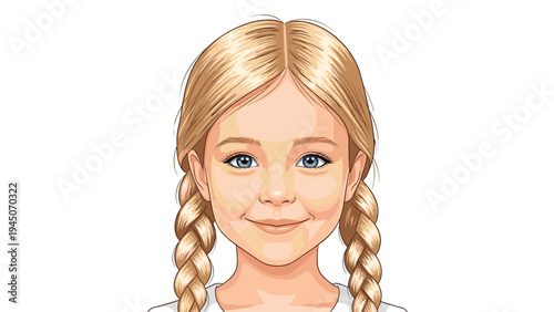 Portrait of young girl with beautiful blonde braided hair and blue eyes smiling gently against plain white background.