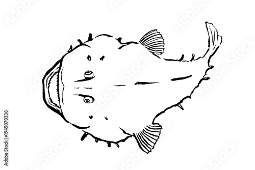 anglerfish ink brush illustration, japanese monkfish line art vector