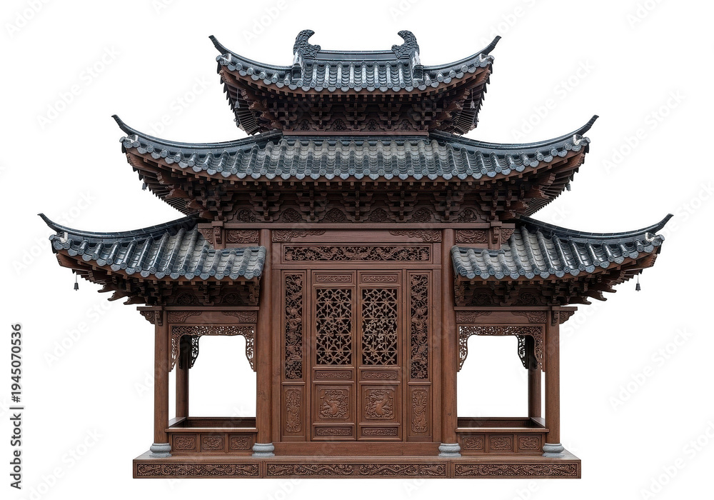 Obraz premium Traditional chinese multi-tiered temple gate with intricate wooden carvings and red roof
