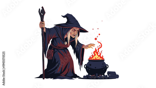 Old witch character with pointed hat and staff brewing mysterious potion in large iron cauldron over flickering fire.