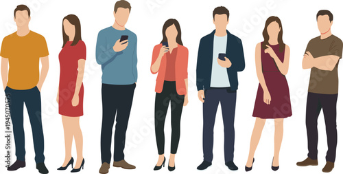 Vector Illustration of Diverse Group of Young Men and Women Using Smartphones and Standing in Casual Outfits Isolated on White Background for Digital Communication Concept