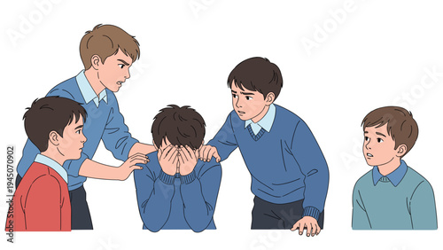 Group of school boys in uniforms providing support and comfort to their distressed classmate who is crying in classroom.