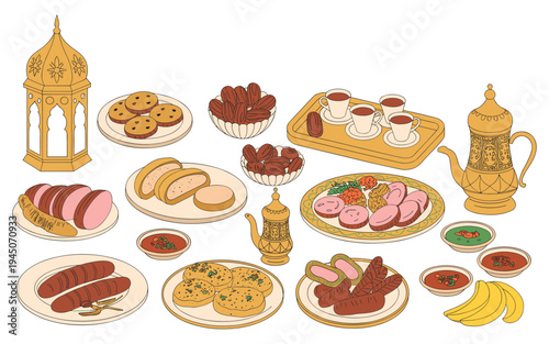 Colorful indian breakfast spread with various dishes and tea set