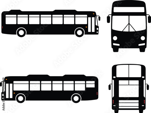 City bus silhouette vector set, public transport passenger vehicle side front and rear views isolated on white background