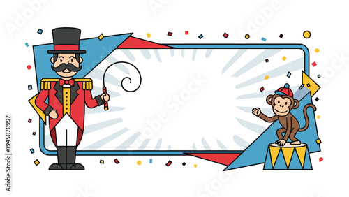 Festive circus themed frame featuring ringmaster with whip and performing monkey standing on pedestal with confetti.