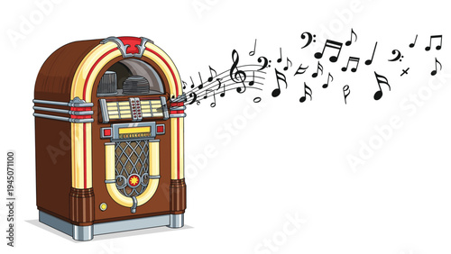 Detailed vintage jukebox illustration playing music with many black musical notes flowing out of its speaker grill.