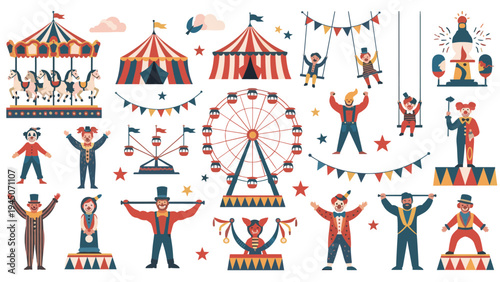 Large set of circus elements featuring carnival tents and ferris wheel with clowns and acrobats for festive show designs.