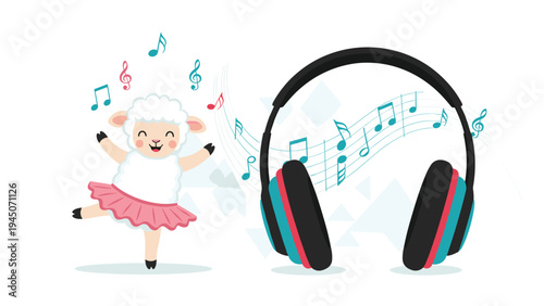 Adorable white sheep character wearing pink tutu and dancing to music next to large headphones with musical notes.