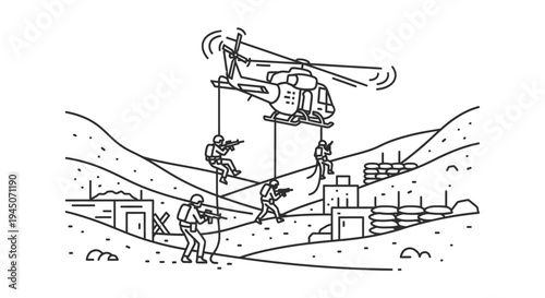 Military helicopter dropping soldiers into combat zone, special forces operation, tactical assault