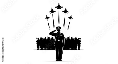 Military Salute: Soldier, Troops, and Fighter Jets in Formation