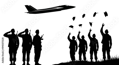 Military Salute to Jet Fighter: Soldiers Honor Aircraft in Silhouette