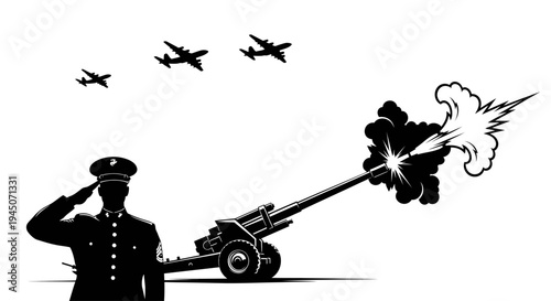 Military Salute, Artillery Fire, and Airplanes in Formation: A Scene of Warfare and Power