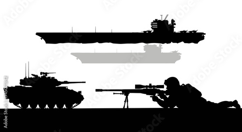 Military Silhouette: Aircraft Carrier, Tank, Sniper Soldier, War Concept