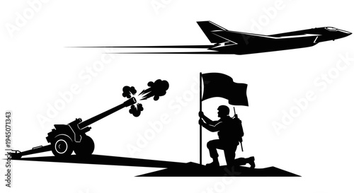 Military Silhouette: Jet Fighter, Artillery Cannon Firing, Soldier Raising Flag