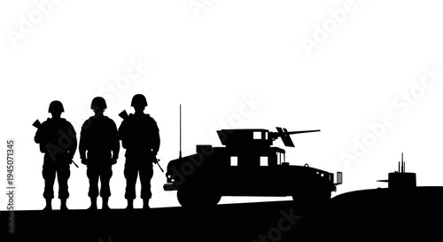 Military Silhouette: Soldiers, Humvee, and Submarine on White Background