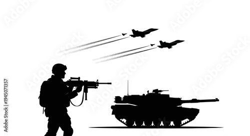 Military Silhouette: Soldier, Tank, and Fighter Jets in Combat Formation