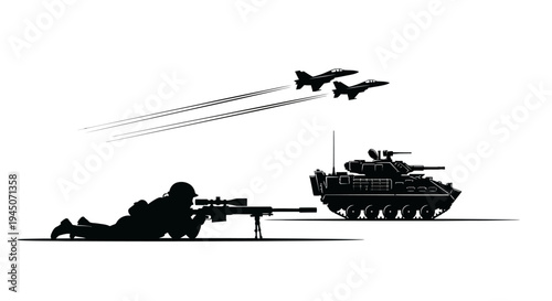 Military Sniper, Tank, and Fighter Jets Silhouette on White Background