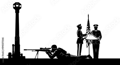 Military Sniper Aiming Rifle Beside Artillery Gun and Flag Ceremony