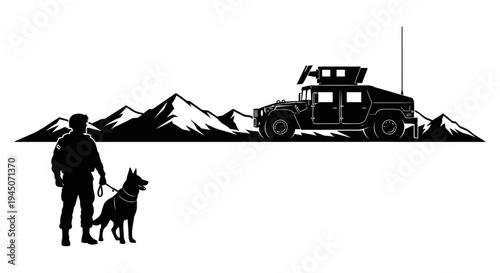 Military Soldier and K9 Unit with Humvee in Mountain Landscape - Tactical Team
