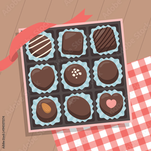Set of assorted chocolate pralines in a gift box illustration