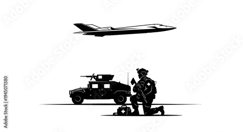 Military Soldier Kneeling Beside Humvee with Fighter Jet Flying Overhead