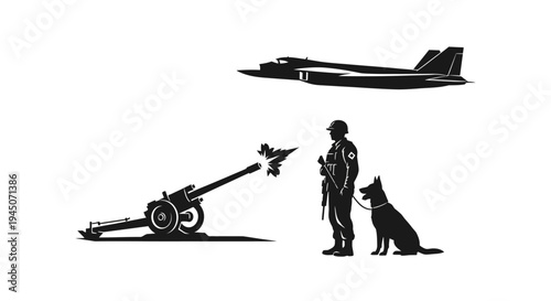 Military Soldier, Dog, Artillery Cannon Firing, and Fighter Jet
