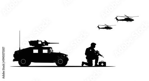 Military Soldier Kneeling with First Aid Kit Beside Humvee, Helicopters Flying Overhead