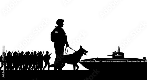 Military Soldier With Dog and Submarine Silhouette, Special Forces K9 Unit