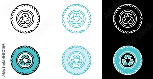 Recycling tire with circular arrows icon for automotive waste disposal in line and fill style