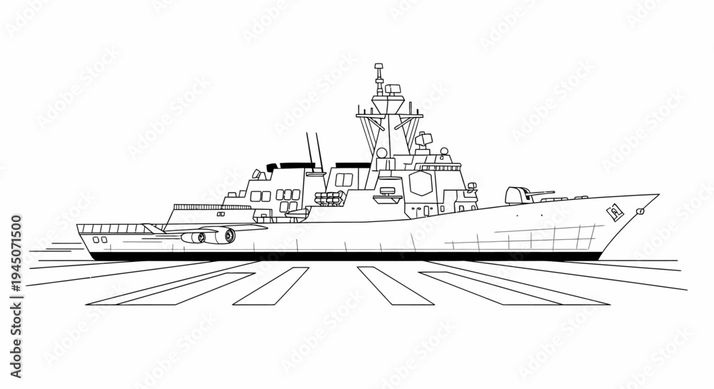 Fototapeta premium Modern Warship Silhouette - Naval Destroyer Blueprint Style