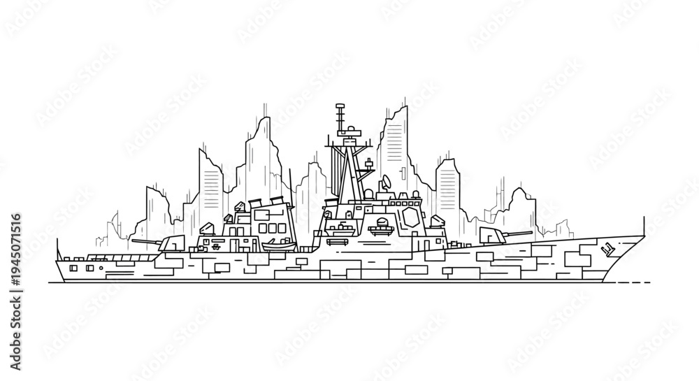 Fototapeta premium Modern Warship Silhouette Against Futuristic City Skyline, Military Technology Concept