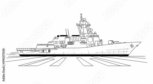 Modern Warship Silhouette - Naval Destroyer Blueprint Style