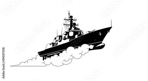 Modern Warship Silhouette with Wake, Military Naval Vessel Illustration