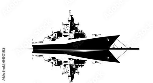 Modern Warship Silhouette Reflection on Water, Military Naval Vessel, Black and White