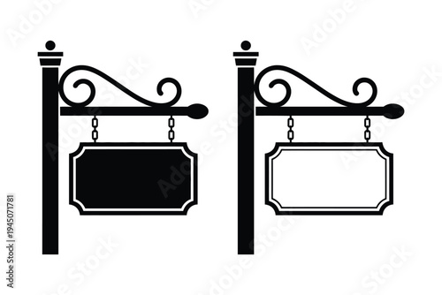 Hanging Signboard With Chains, front side view, outdoor shop sign, blank hotel or store board, vintage ornamental corners, decorative retro style, copyspace design, ornate post illustration.