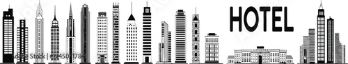 City skyscrapers and hotel buildings skyline set, urban architecture towers and hospitality property vector illustration collection