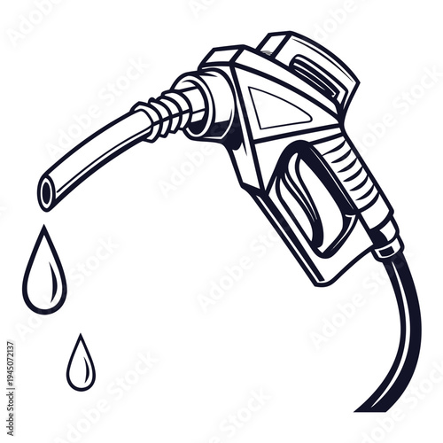 Black and white gas pump nozzle with drops fuel
