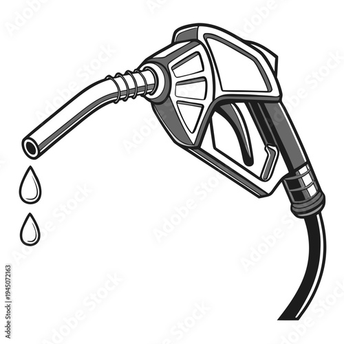 Black and white gas pump nozzle with dripping fuel drops