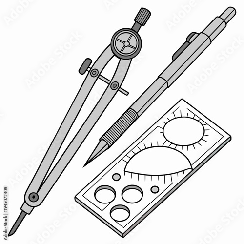 Compass and geometry tools protractor ruler technical drafting