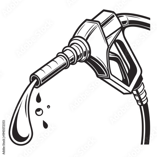 Black and white gas pump nozzle with dripping fuel and shading